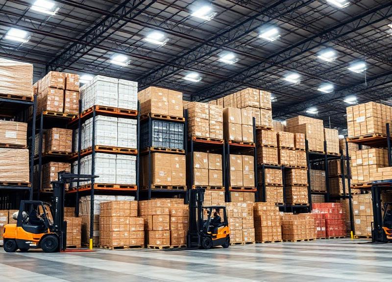 Wholesale warehouse with stacked pallets